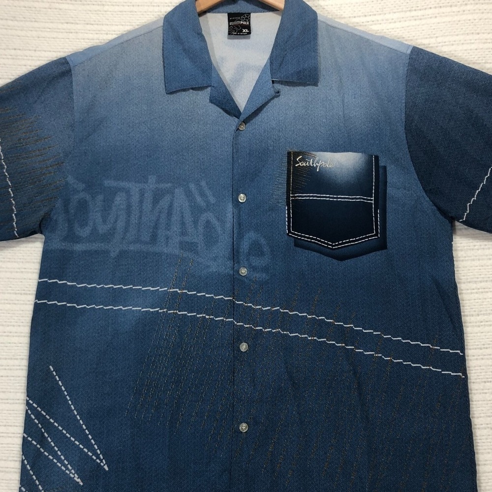 Southpole Mens XL Blue Denim Print Short Sleeve Button Down Shirt Streetwear Y2K